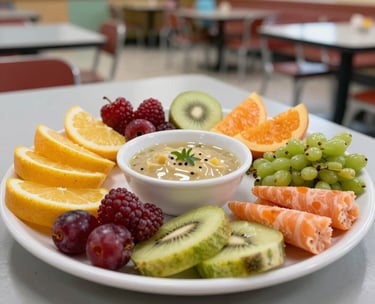 A close-up of a healthy, colorful snack plate for kids in a modern school cafeteria, South Asian / Indian setting, featuring fresh fruits and balanced nutrition.