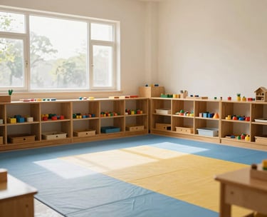 A bright, clean indoor activity room at a preschool in Rudrapur, South Asian / Indian setting, featuring soft floor mats in light blue and mustard yellow colors, wooden toy shelves, and large windows letting in natural sunlight.