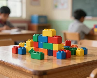 A close-up of colorful educational building blocks on a low wooden table in a joyful classroom, soft natural lighting, vibrant primary colors, South Asian / Indian school interior.