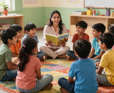 A group of happy South Asian / Indian children sitting in a circle on a colorful rug, laughing and listening to a teacher holding a picture book, bright and vibrant classroom setting.