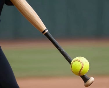 Close-up of a softball bat making contact with a ball, high-speed photography, professional sports field background, North American / US.