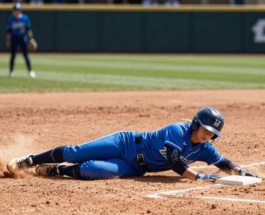 A bright daytime action shot of a softball game at a professional US stadium, capturing a player sliding into home plate with a cloud of dust, vibrant steel blue and navy uniforms.