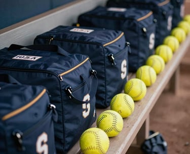 A close-up photograph of a row of dark navy blue equipment bags and yellow softballs lined up neatly on a professional dugout bench, North American / US sports context.
