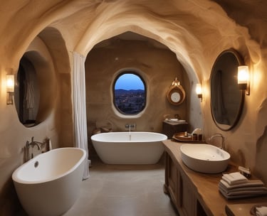 Balcony view overlooking the illuminated hotel facade with fantasy-themed lighting.