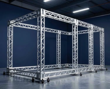 Wide shot of a professional lighting rig and truss systems stored in a clean, modern warehouse in Brazil, ready for event rental, lit with cool white and navy blue tones.