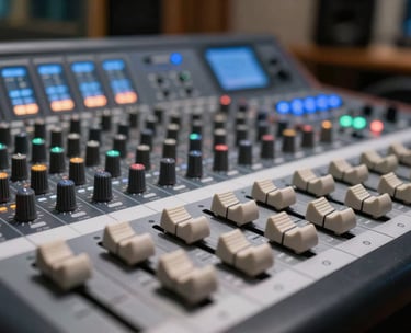 A close-up photograph of a professional digital audio mixing console with glowing faders in a modern South American / Brazilian recording studio, bokeh background with steel blue lighting.