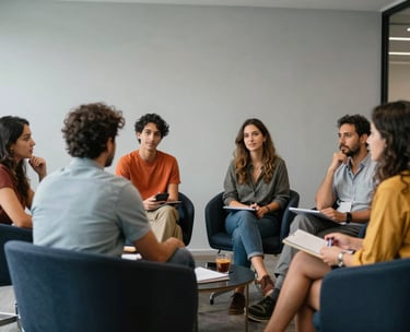 Candid photograph of a creative team brainstorming in a modern Brazilian office, light gray walls, dark navy furniture, vibrant and professional mood.