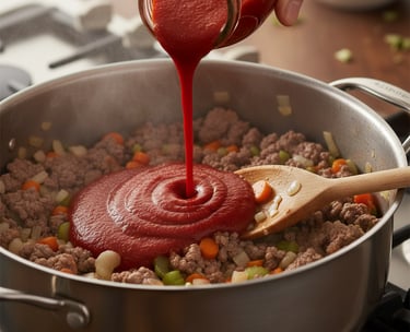 Pouring rich tomato sauce from a glass jar into a pan with ground meat and vegetables to make a flavorful bolognese.