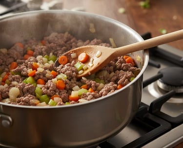 Browning ground beef with chopped carrots and celery in a stainless steel skillet on a gas stove.