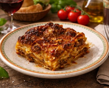 A portion of homemade beef lasagna with melted cheese on a plate with fresh basil and red wine.