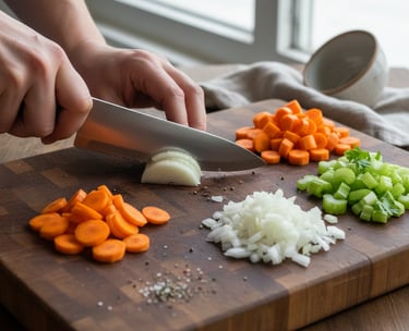 Chef slicing a white onion with a sharp knife on a wood cutting board with chopped carrots and celery.