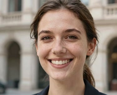 The bright smile of a satisfied patient, looking healthy and natural. Background is a softly blurred modern Italian architectural detail.