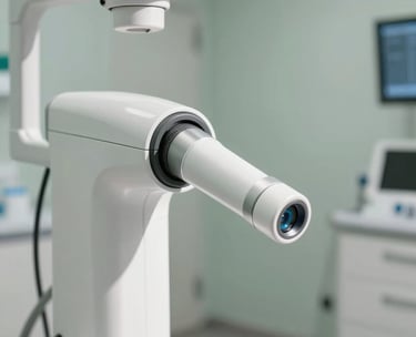 High-tech digital dental scanner inside a bright, modern clinic in Southern Europe. Soft morning light, clean white and sage green interior.