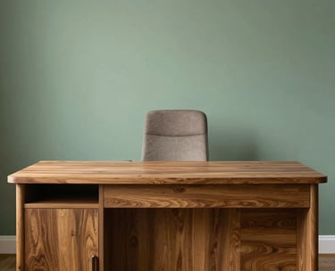Consultation room featuring a warm wood desk, a comfortable chair, and a minimalist sage green wall. Professional and welcoming Italian setting.