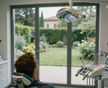 Patient perspective of a serene dental room with large windows overlooking a lush Italian garden. No medical equipment visible, focus on calm view.