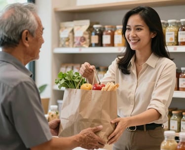 A professional Southeast Asian / Indonesian woman handing over a grocery package to an elderly man in a clean, modern storefront environment.