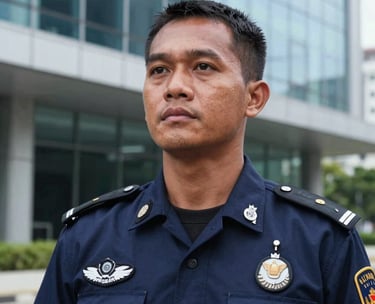 A close-up of a Southeast Asian / Indonesian security guard in a professional navy blue uniform standing in front of a modern glass building, looking alert and supportive.