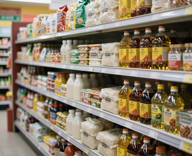 A well-stocked membership-based grocery store in a Southeast Asian / Indonesian neighborhood, showing shelves of rice, oil, and essentials with clean organization.