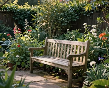 A peaceful backyard garden with a wooden bench and a small stone path, surrounded by lush greenery and flowers. The lighting is soft afternoon sun, reflecting a sense of strength and sanctuary.