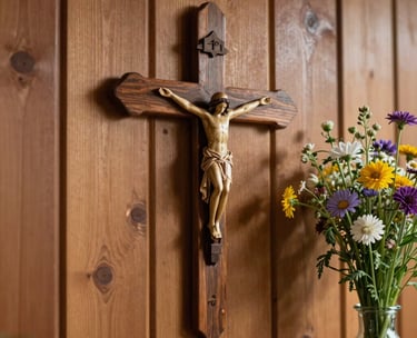 A close-up of a decorative cross on a wooden wall next to a vase of fresh wildflowers, capturing the faith-centered atmosphere of the ministry home.
