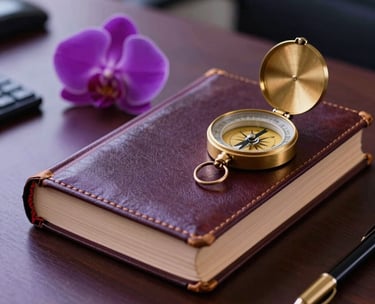 A close-up of a professional desk in a South American office, featuring an old leather-bound book, a golden compass, and a single purple orchid. Soft, atmospheric lighting with deep purple and golden highlights.