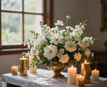 A small, elegant altar with white flowers and golden candles in a South American setting. Morning light filtering through a window.