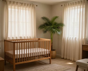 A serene South American Brazilian nursery or consultation room in Salvador with soft curtains, wooden furniture, and a large plant. The lighting is golden and soft, emphasizing a professional yet welcoming atmosphere.