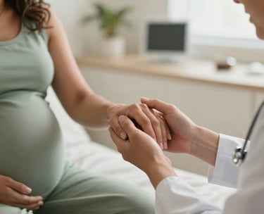 A close-up of a professional woman's hands holding a South American Brazilian expectant mother's hand in a comforting, professional manner. Warm natural light fills the clinical but cozy space, featuring sage green and off-white tones.