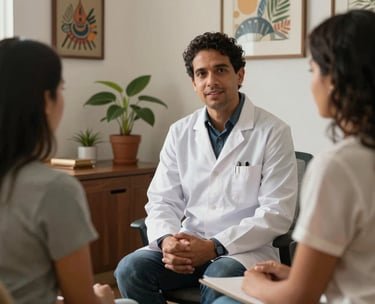 A South American Brazilian professional therapist talking kindly to a patient in a light-filled office. There is a sense of mutual respect and calm. The office is decorated with local art and plants.