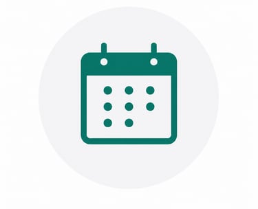 A teal green calendar icon inside a light grey circle for scheduling and event planning.