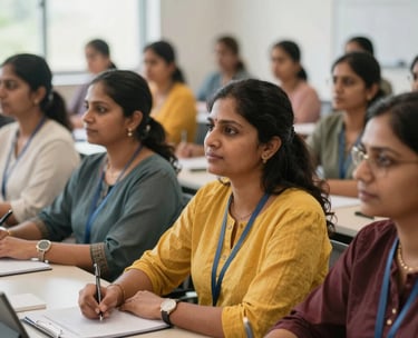 A scene of South Asian / Indian women participating in a financial literacy workshop, looking focused and empowered, in a bright, modern hall.