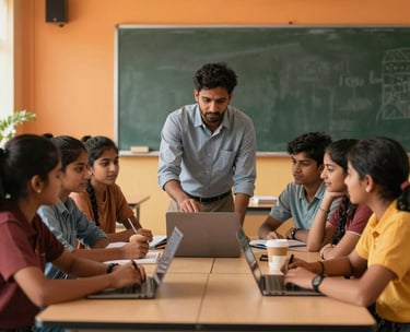 A photograph showing a modern classroom where a teacher is demonstrating something on a laptop to a group of eager South Asian / Indian students, with warm orange lighting.