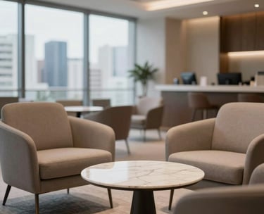 Close-up of a modern Brazilian business lounge with high-end designer chairs and a small marble coffee table, soft focus on a city skyline in the background, elegant lighting.