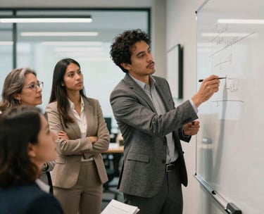 A diverse group of South American professionals engaged in a workshop, looking at a white board in a modern office, cinematic lighting, professional attire.
