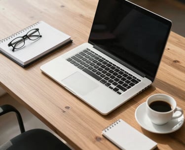 Overhead shot of a clean, minimalist wooden desk with a laptop, notebook, and a coffee cup in a Brazilian business setting, bright morning light.