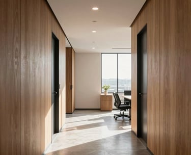 A bright and airy South American office hallway with sleek wooden panels and minimalist furniture, soft morning light, professional and clean architectural photography.