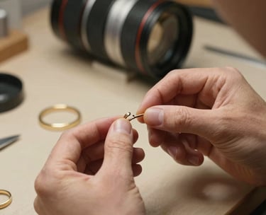 Close-up of hands working delicately on a piece of jewelry in a North American studio, warm natural lighting, sophisticated mood, reflecting quiet wisdom.