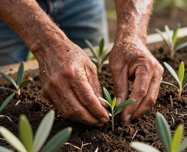 A close-up photograph of a South American Brazilian farmer's hands gently tending to young green sprouts in rich dark soil, warm morning sunlight, vibrant olive green foliage.