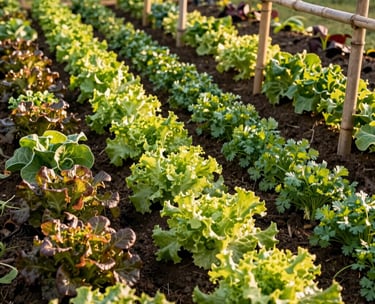 A South American Brazilian gardening scene with diverse leafy greens like lettuce and coriander growing in neat rows, rustic bamboo supports, golden hour sunlight.