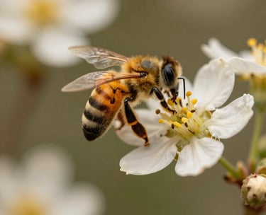 Macro shot of honeybees pollinating flowers in a Brazilian organic garden, background of soft beige and olive green garden beds.