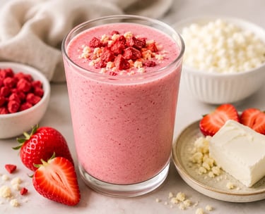 A creamy strawberry cheesecake smoothie in a tall glass topped with dried fruit pieces and fresh strawberries.