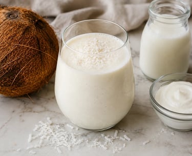 Creamy coconut smoothie in a glass topped with flakes, next to a fresh coconut and greek yogurt.