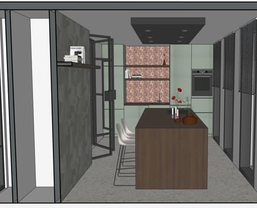 kitchen design, 3D visualization, Interior design, a kitchen with a table, chairs