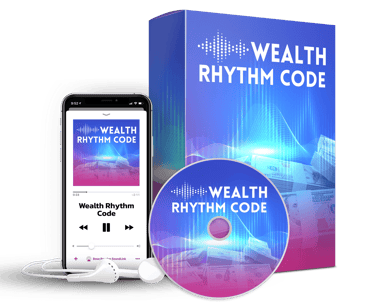 Wealth Rhythm Code manifestation program with digital audio on a smartphone and physical CD.