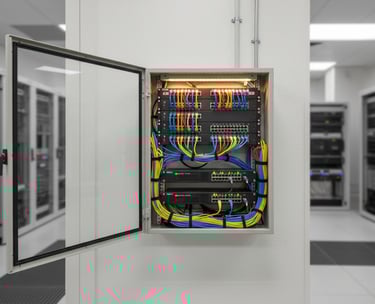 Neatly organized server rack with patch panels, switches, and color‑coded Ethernet cabling in a comm