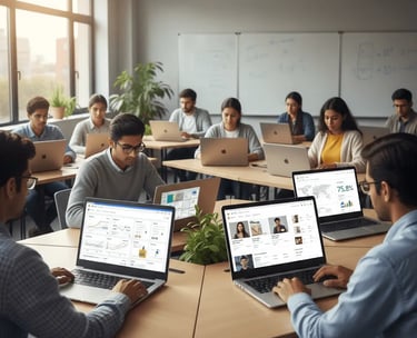 Instructor teaching digital marketing foundations to students using laptops in a bright classroom