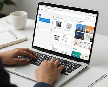 Laptop screen displaying prompt workflows and AI automation interface