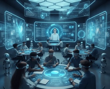 Digital futuristic data analytics lab with holographic dashboards and blue interface