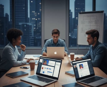 Students working at laptops in a dim-lit room creating email marketing campaigns