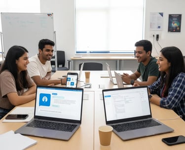 Students discussing AI applications while working on laptops in a meeting room